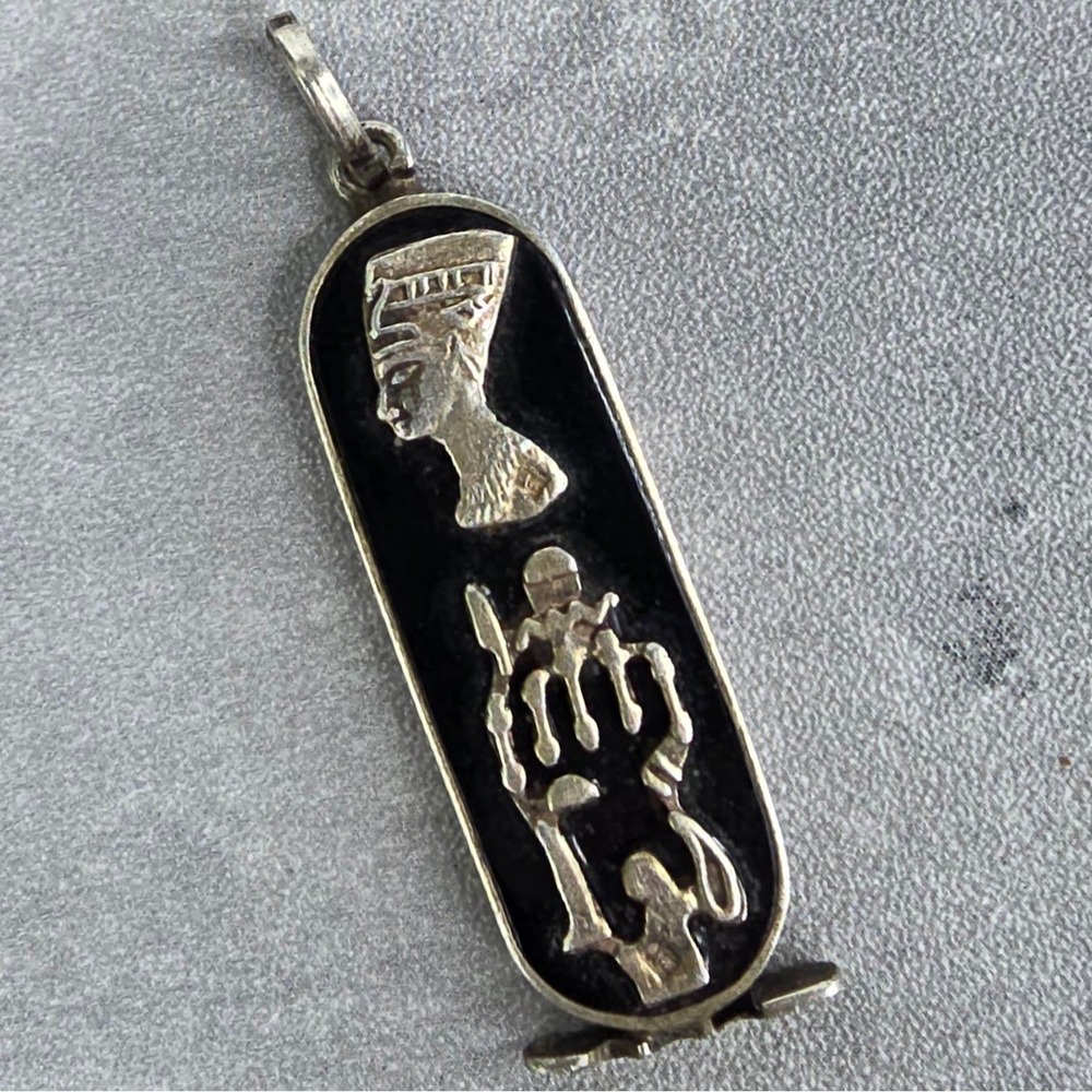 Vintage Egyptian Sterling Silver Enamel Cartouche Pendant Nefertiti Hieroglyphic